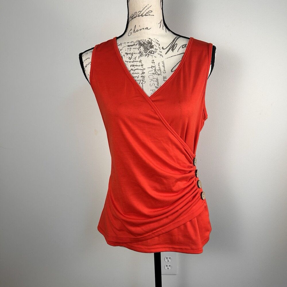 Womens Red Wrap Style Top Sleeveless Ruched Side Button Detail Medium